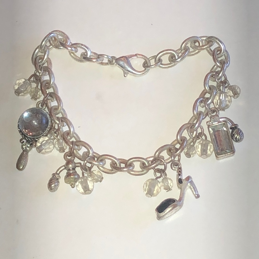 Silver Tone Shoe Mirror Charm Perfume Chain Bracelet with Clear Bead Accents